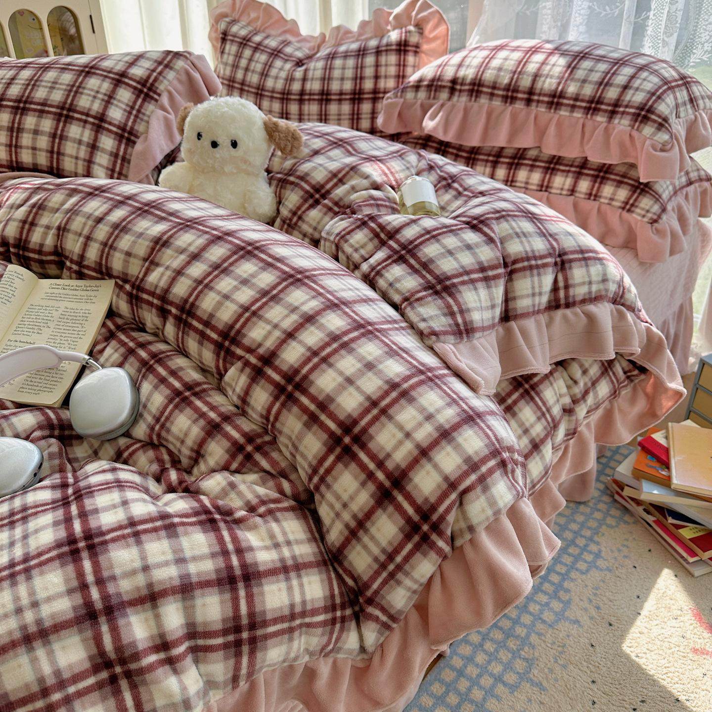 秋冬保暖中古风格子牛奶绒花边床盖床单四件套主卧床单被套床品,淘宝优惠券,粉丝福利购,淘宝优惠卷