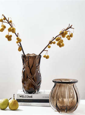 代简约轻奢花瓣口厚重咖色琉璃花瓶客厅餐桌酒店软装台面小果盘