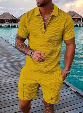 Men's printed shirt set with collar, short sleeved