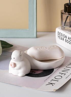 大耳朵萌兔香皂盒摆件浴室不积水沥水皂碟收纳洗手台化妆室装饰品