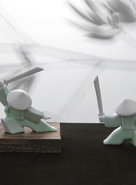禅意武侠风人物陶瓷摆件笑傲江湖家居茶室书房白瓷侠客桌面装饰品