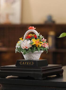 德化陶瓷花篮摆件手工瓷花富贵牡丹家居客厅办公室装饰品乔迁礼品