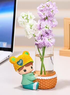 卡通呆萌娃娃水培花瓶桌面摆件办公室工位装饰品水养植物花器插花