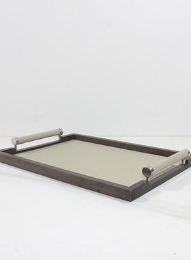 现代轻奢高端皮革香薰蜡烛实木托盘样板间售楼处客厅茶几桌面摆件