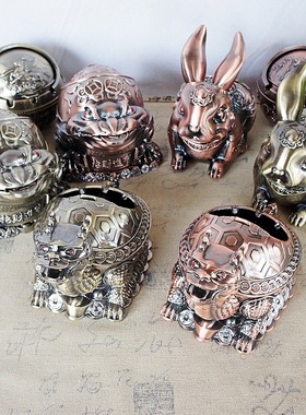 烟灰缸玉兔老虎模型金属装饰摆件