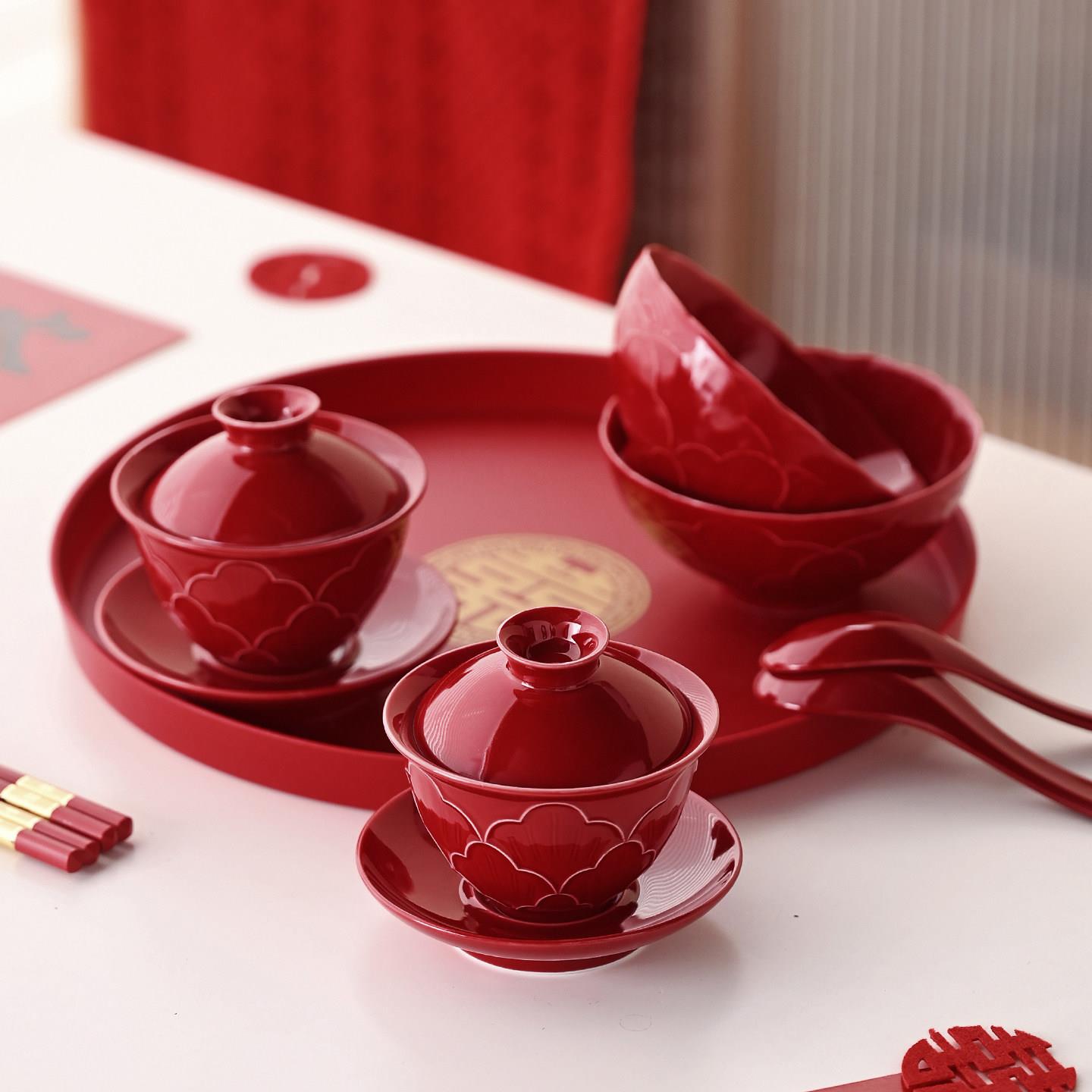Wedding wedding bowl, tea cup, pair of high-end wedding modified tea sets, pair of bowls and chopsticks set, wedding supplies