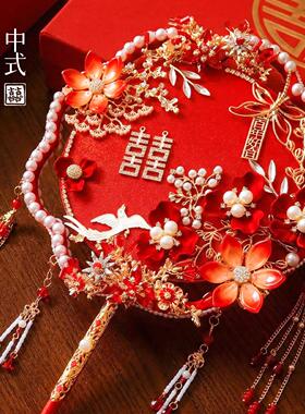 中式红金双面双圈团扇diy材料包成品新娘结婚龙凤秀禾服手捧花束
