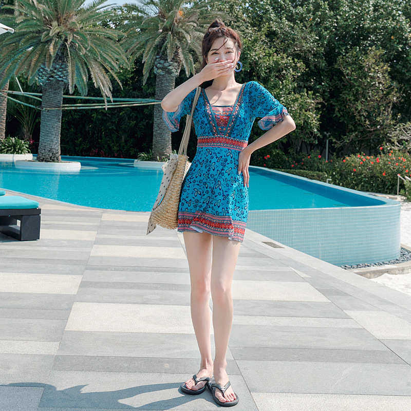 浪漫温泉情侣装泳衣保守钢托聚拢显瘦连体裙式女游泳装沙滩泳裤,淘宝优惠券,粉丝福利购,淘宝优惠卷