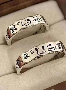 众设计百搭极款简涂鸦波浪边戒指女侣精致时尚气小质帕恰狗情指环