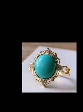 天然绿松石戒指高瓷高蓝 18k金镶嵌椭圆形蛋面裸石指环10.8/9.4mm
