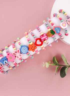 卡通动物儿童木质彩色手链 公主串珠可爱女童手环学生diy首饰手串