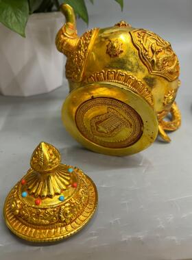 复古纯铜鎏金仿金镶宝石藏式酒壶摆件 黄铜工艺品 文创市集老物件