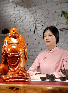 花梨实木雕刻大号布袋大肚弥勒笑佛像摆件家居客厅装饰红木工艺品