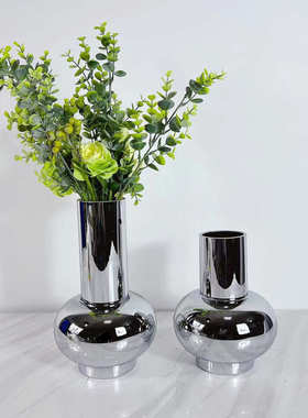 现代简约电镀银色玻璃花瓶样板间售楼处餐桌花器玄关摆件