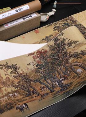 郎世宁百骏图高清艺术微喷宣纸绢布打印装裱手卷轴装饰画百马图