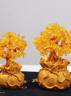 黄水晶发财树风水摆饰家居酒柜装饰品创意客厅玄关小摇钱树工艺礼