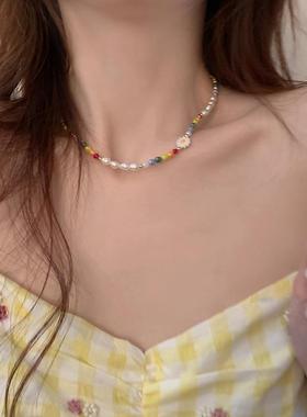 珍珠项链多巴胺彩色锁骨串珠款女
