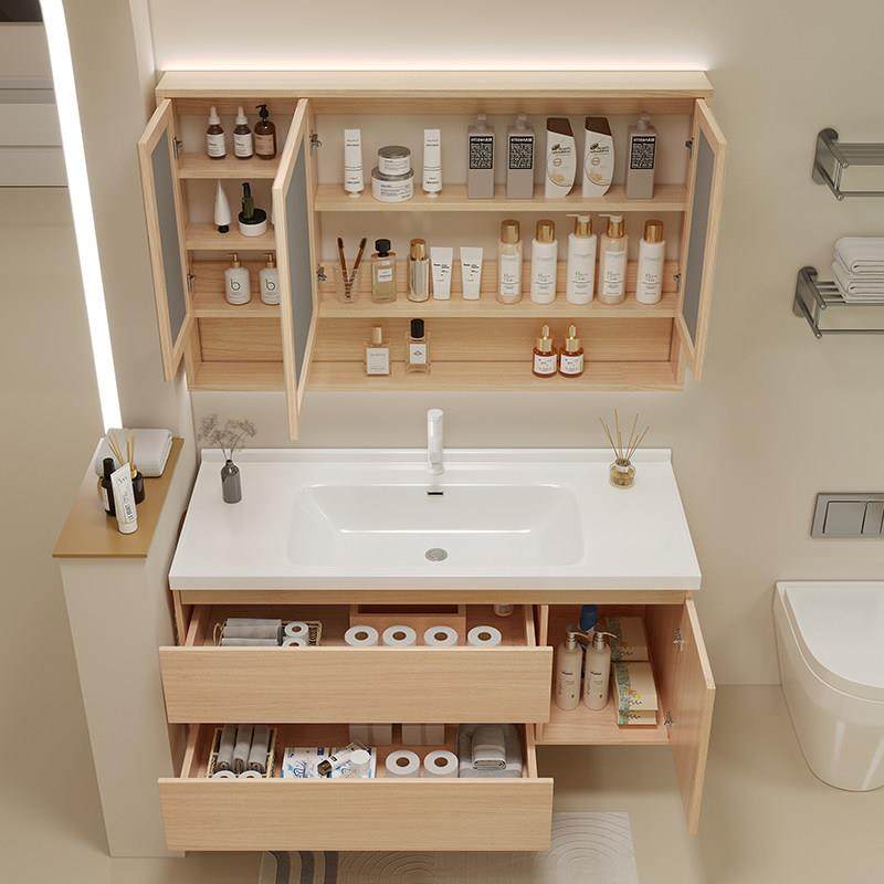 原木色浴室柜现代简约智能洗脸盆柜组合陶瓷一体洗漱台浴柜组合,淘宝优惠券,粉丝福利购,淘宝优惠卷