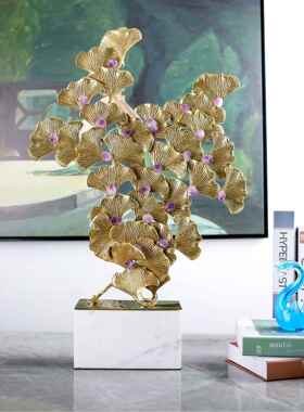 轻奢现代风铜制银杏叶白色大理石摆件玄关酒柜电视柜家居装饰品