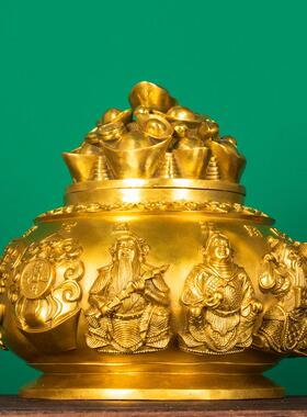 铜五路财神开盖聚宝盆摆件大号客厅家居店铺办公室装饰工艺品