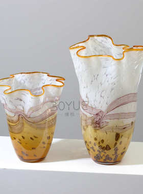 中古风不规则花瓣口琉璃花瓶重工琥珀橘渐变褶皱大口径花软装摆件