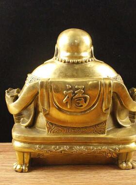 纯黄铜大号弥勒佛摆件笑佛龙椅弥勒佛铜像 铜佛像摆件