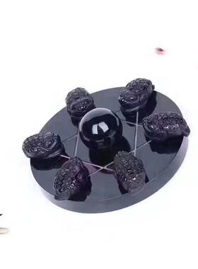 凤呈祥 厂供天然金蟾黑曜石七星阵家居办公摆件 支持复检