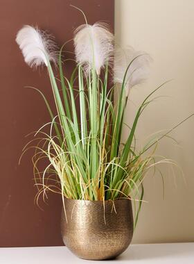 覆古铝制进口锤纹金色花盆摆件轻奢样板间酒店客厅花瓶花器装饰品