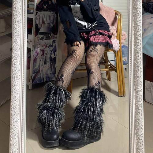 Furry Leg Warmers Y2K Goth White Faux Fur Leg Warmers Boot v - 图0