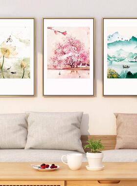 水墨江南新中式客厅挂画餐厅背景装饰画风景荷花现代简约书房壁画