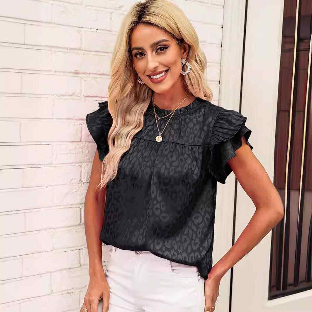 Top Womens Neck Wave Sleeve Leaf Lotus All-match Fashion - 图0