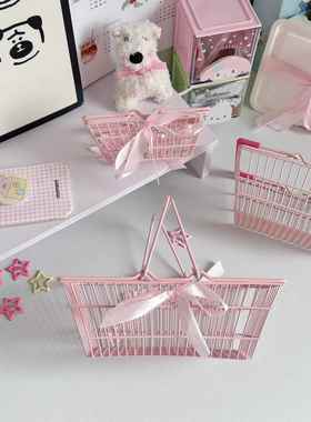 ins少女心桌面收纳篮迷你购物篮可爱粉色蝴蝶结铁艺摆件装饰道具