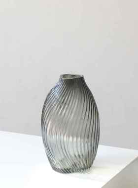 现代简约透明烟灰玻璃小花瓶客厅清新仿真花插花瓶家居装饰摆件