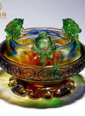 琉璃金蟾聚宝盆摆件客厅玄关家居装饰水晶工艺品乔迁开业礼品佛具