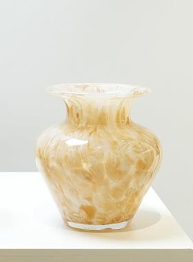 中古精致高级感黄色大理石纹琉璃花瓶茶室法式餐桌面摆件水培插花
