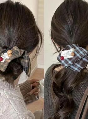 韩式格子方巾大肠发圈复古大号头绳方形发饰高级感不伤发皮筋NYQ