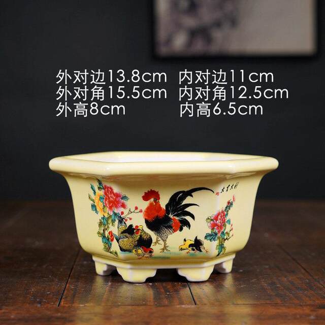 High-grade purple clay flowerpot ceramic large six-square hand-painted sticker painted landscape bonsai pot succulent orchid green plants Chinese style