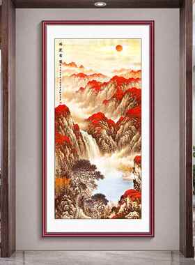 迎客松中式入户玄关装饰画 画山水画 画竖版走廊过道挂画 画正对