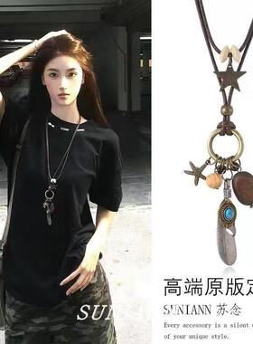 韩国小众设计感同款银色树叶项链女长款颈链朋克复古颈饰潮