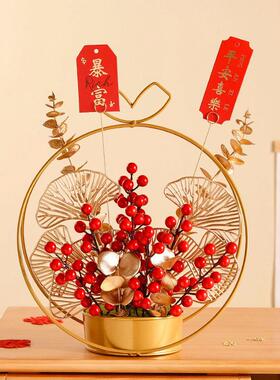 跨境婚庆发财果冬青果红浆果铁艺花篮乔迁新居桌面仿真花摆件
