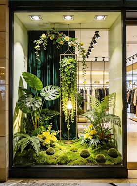 仿真绿植服装店造景组合室内轻奢橱窗装饰玻璃景观假花植物造景