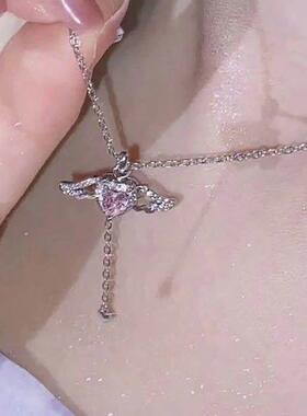 Crystal Angel Wings Heart Pendant Necklace Y2K Girl Simple P