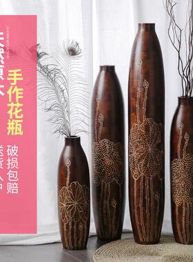 实木中式细高花瓶摆件客厅插花落地大号覆古装饰品简约电视套轻奢