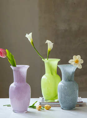 现代简约彩色瓷粉敞口梅瓶中古风创意玻璃花瓶客厅电视柜玄关装饰