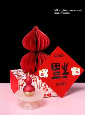 逅里 洒金版红色葫芦摆件 书房茶室博古架装饰酒柜玄关高级布置