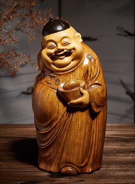 高端中式地主摆件客厅财神爷雕塑仿木雕茶几博古架装饰品桌面摆设