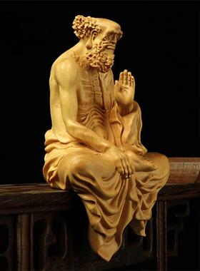 正品黄杨木达摩摆件室工艺品居家办公禅悟意木雕质雕刻中式卷发道