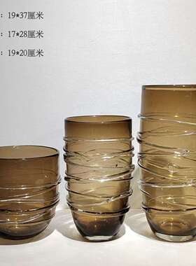 现代咖啡色缠丝玻璃花瓶桌面摆件家居样板房餐厅左面插花软装饰品