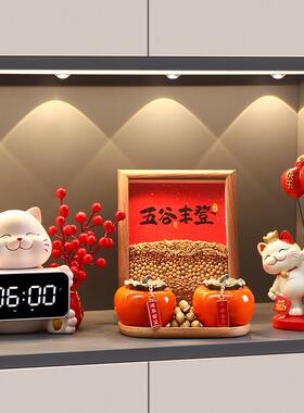 招财猫时钟摆件客厅卧室桌面台式钟表摆放式电子钟闹钟创意装饰品