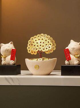 创意发财树招财猫前台摆件开业礼品入户玄关柜新中式办公室装饰品